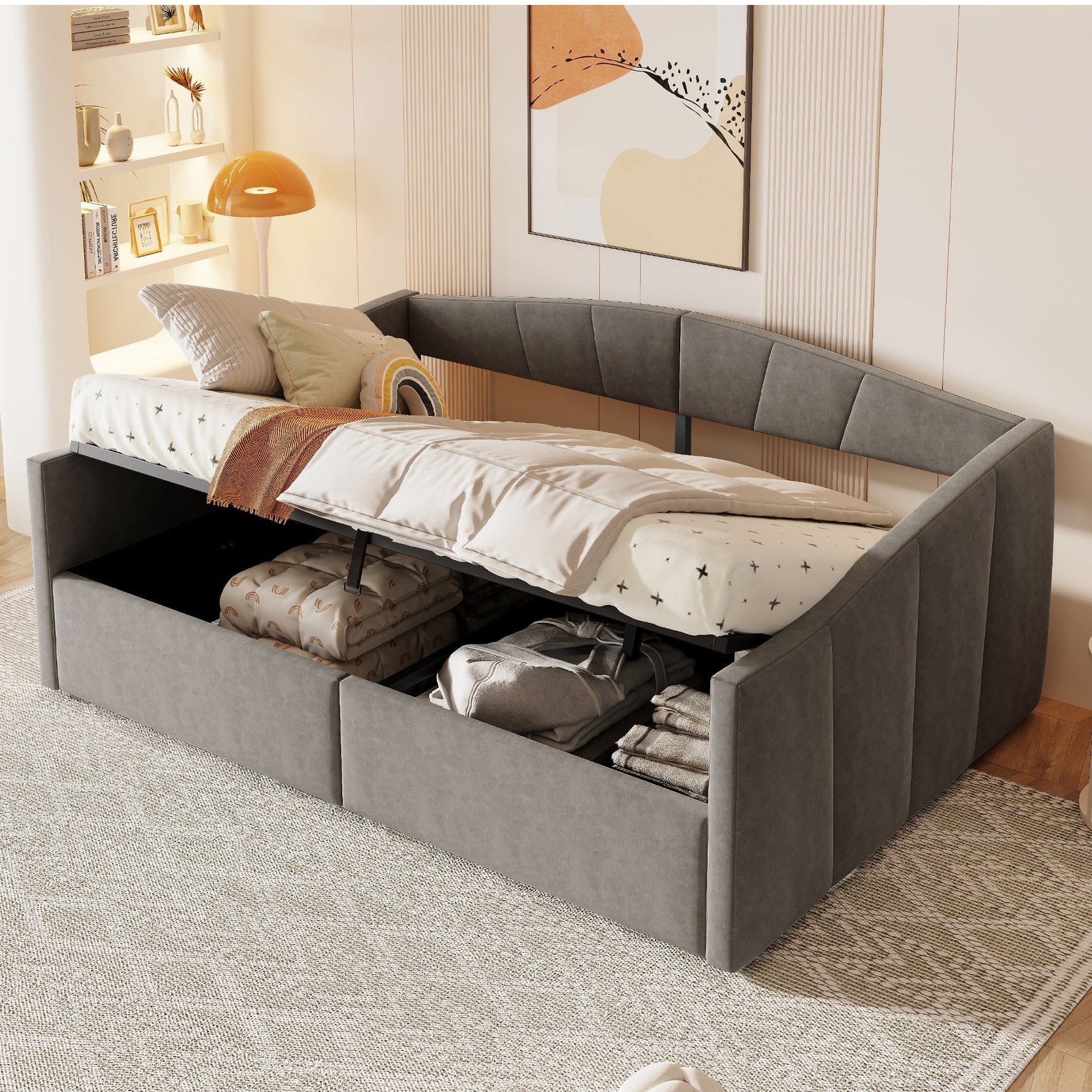 Upholstered Sofa Bed, 140x200cm, Hydraulic Support, Slatted Frame, Armrests, Velvet Fabric, Grey