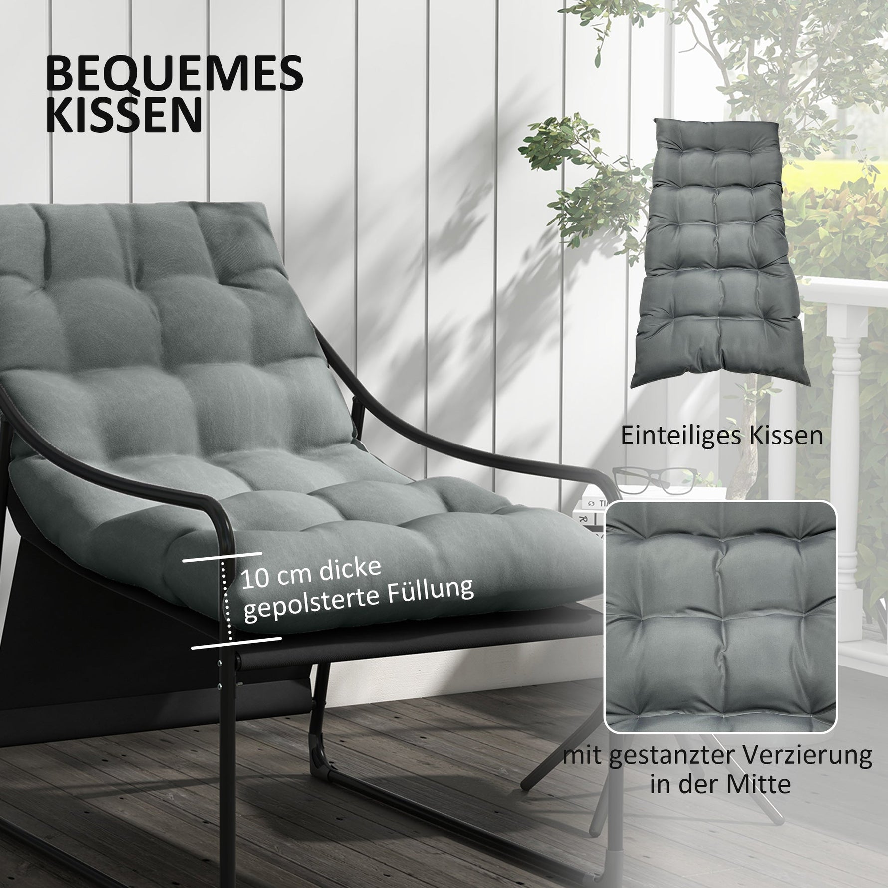 Garden Armchair Lounge Chair Thick Cushion Armrests 120 kg Load Capacity, Grey