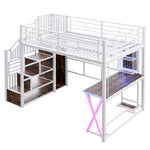 Loft Bed 140x200cm with Desk, Wardrobe & LED Lights, White