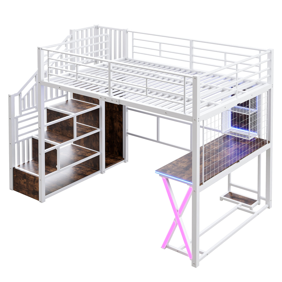 Loft Bed 140x200cm with Desk, Wardrobe & LED Lights, White
