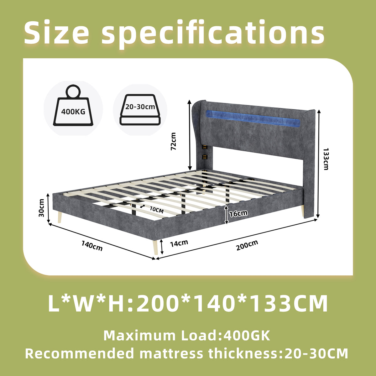 Modern Upholstered Bed 140x200cm with LED Headboard & Mattress, Grey