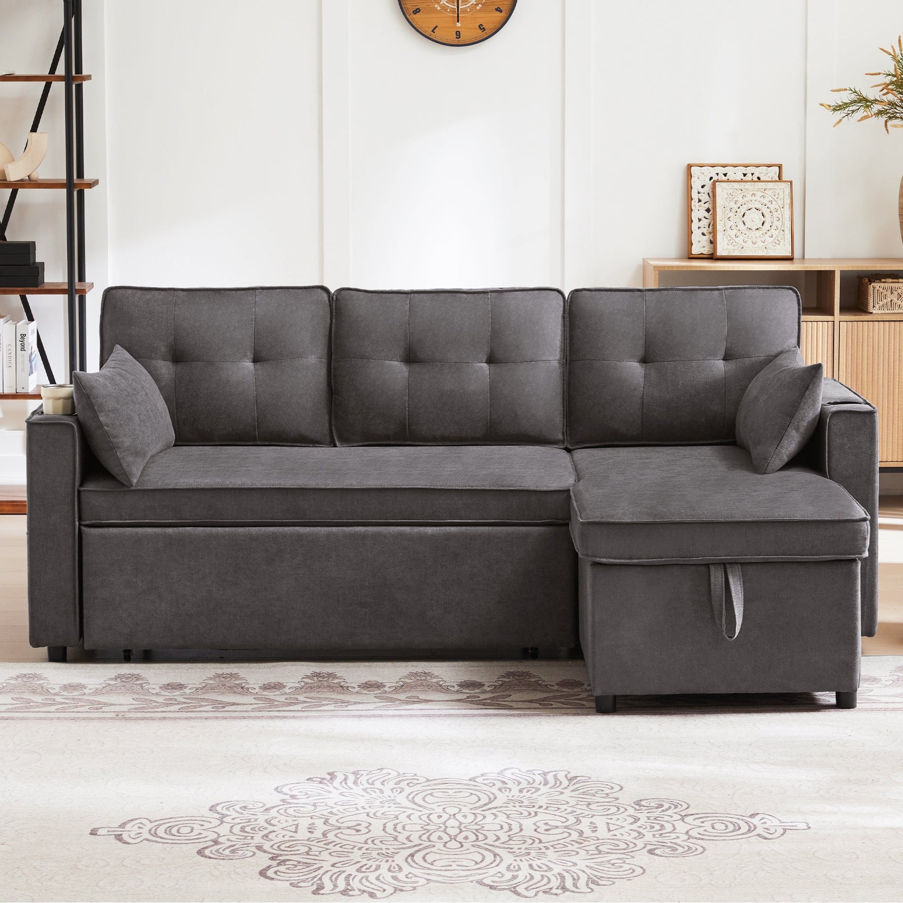 Sofa Bed L-Shaped Sleeping Function Storage Cup Holder Interchangeable Upholstered