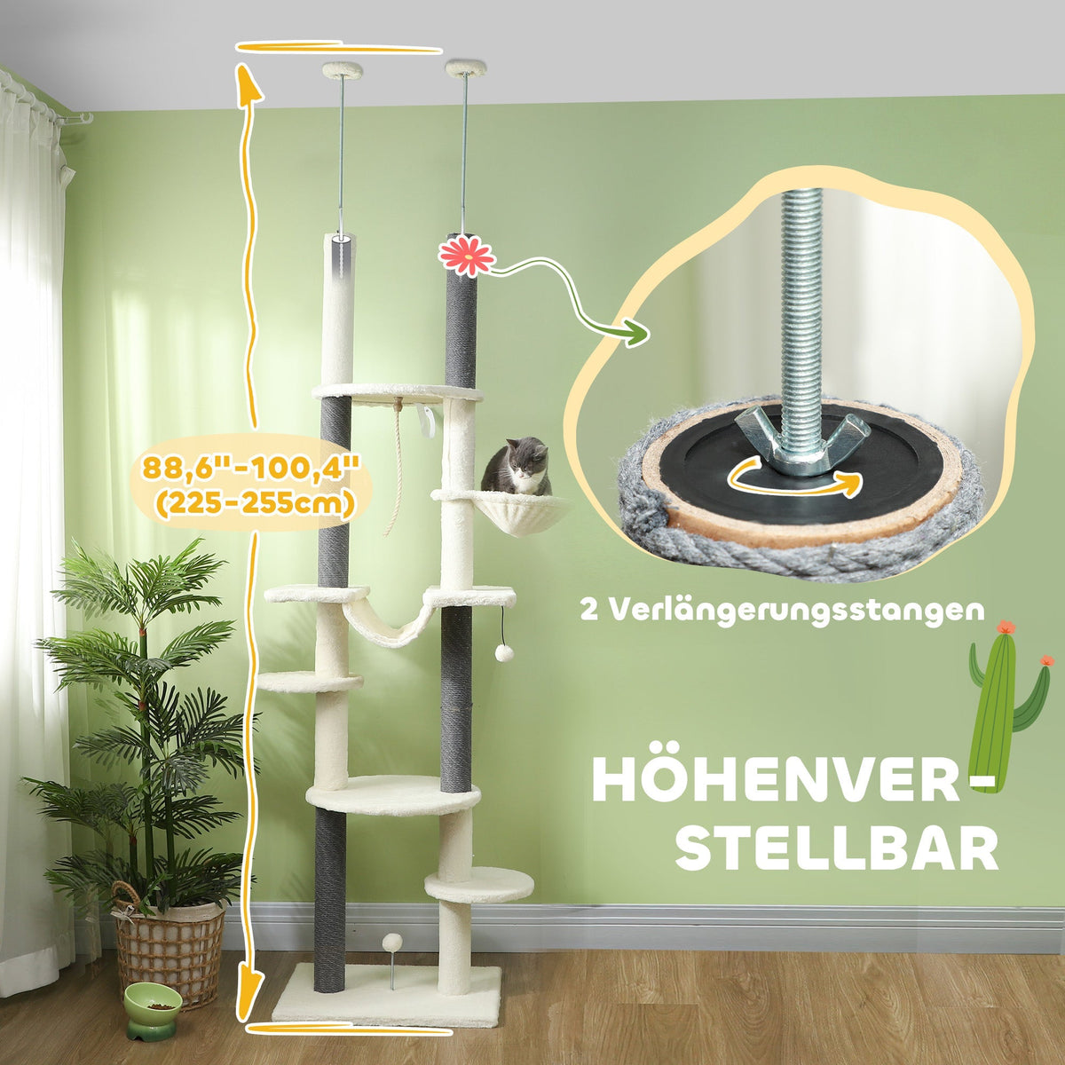 Cat Tree, Ceiling-High with Hammocks, Scratching Posts, White
