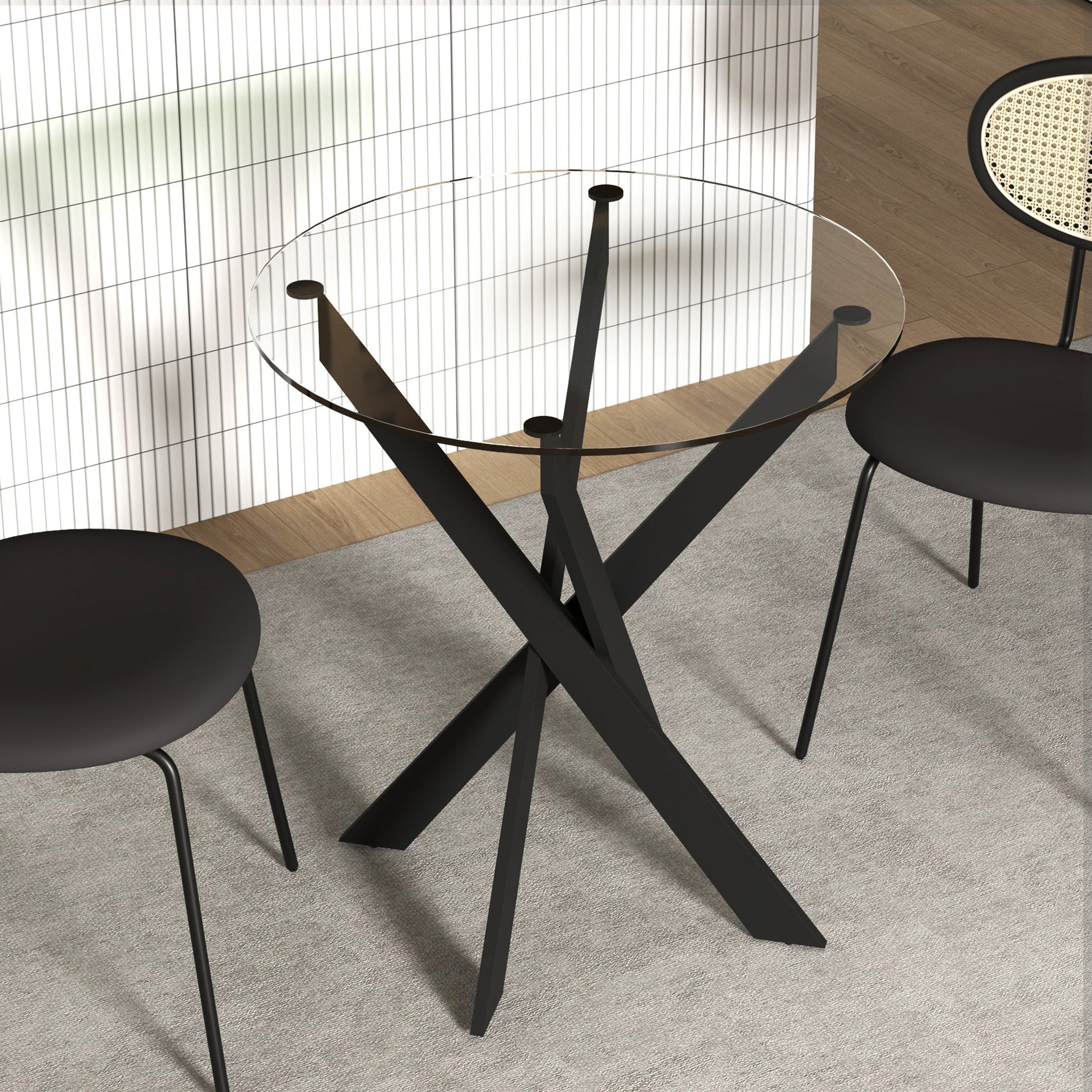 Dining Table, Round for 4 People, Steel Legs, Tempered Glass, Black + Transparent