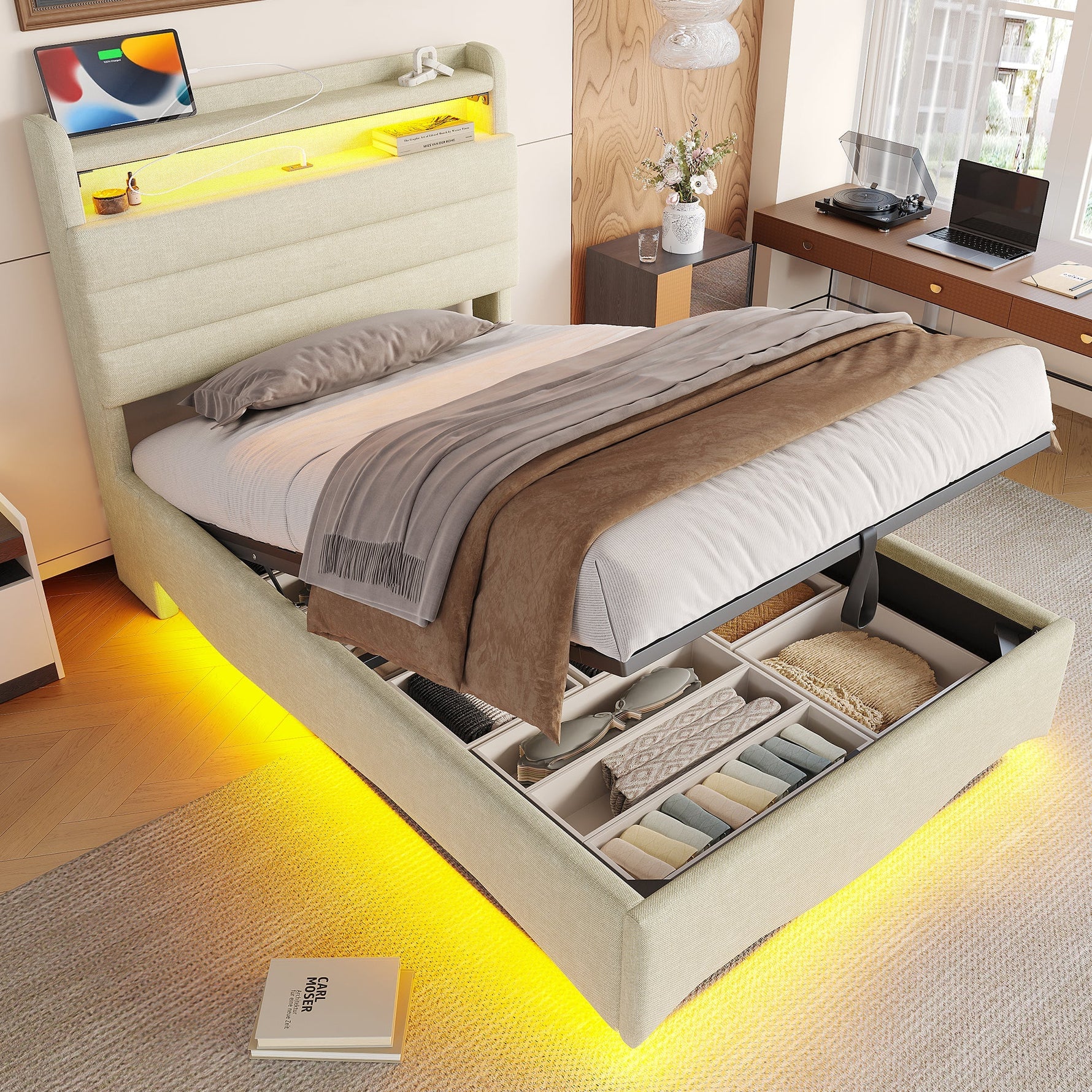 Upholstered Bed with LED Lighting, Hydraulic Storage, and USB Ports, Beige Linen Fabric