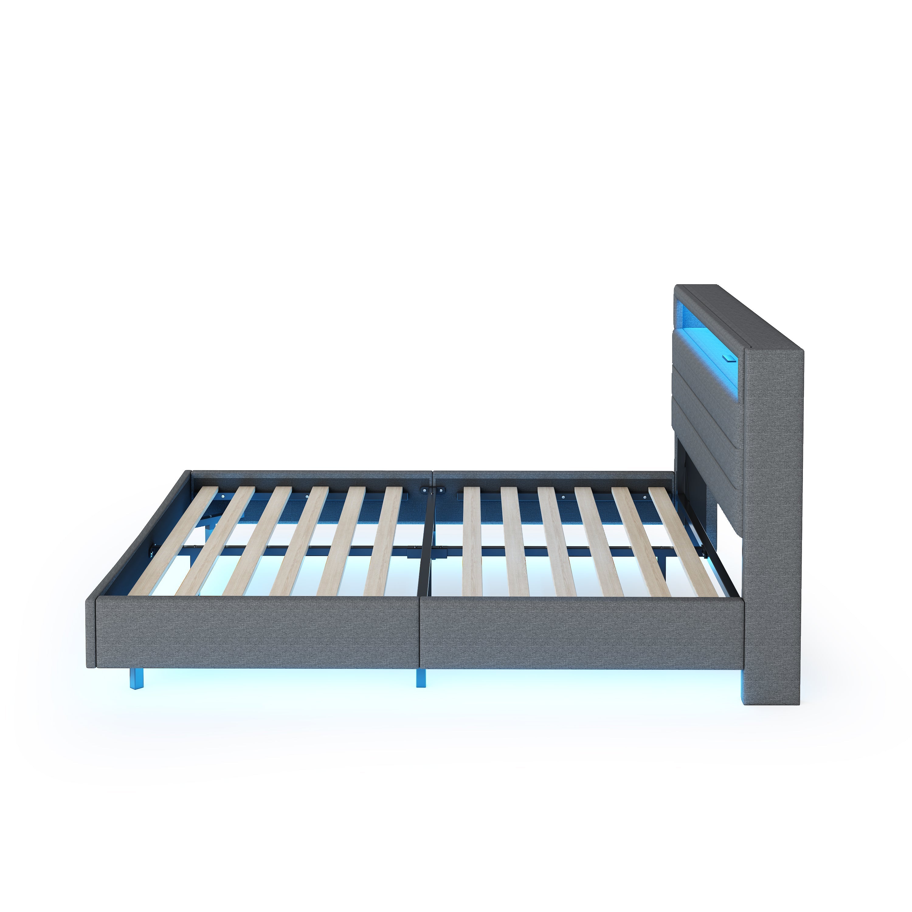 Upholstered Bed with USB Port, LED Lights, Storage Headboard (160x200cm) - Gray Linen