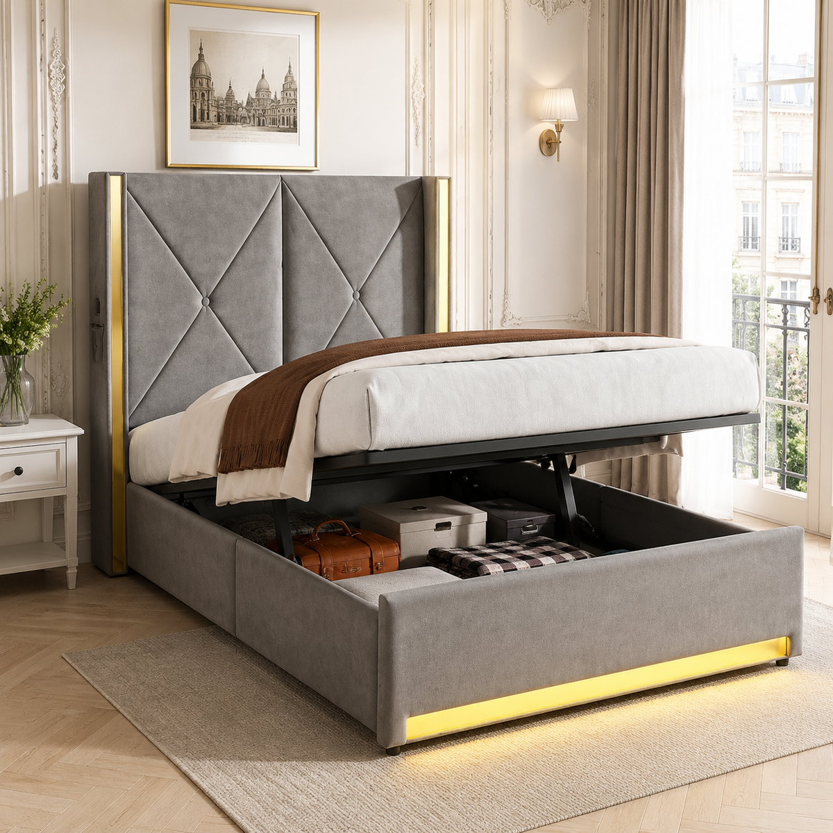 Storage Bed 90x200cm with LED, USB & Hydraulic Storage, Velour