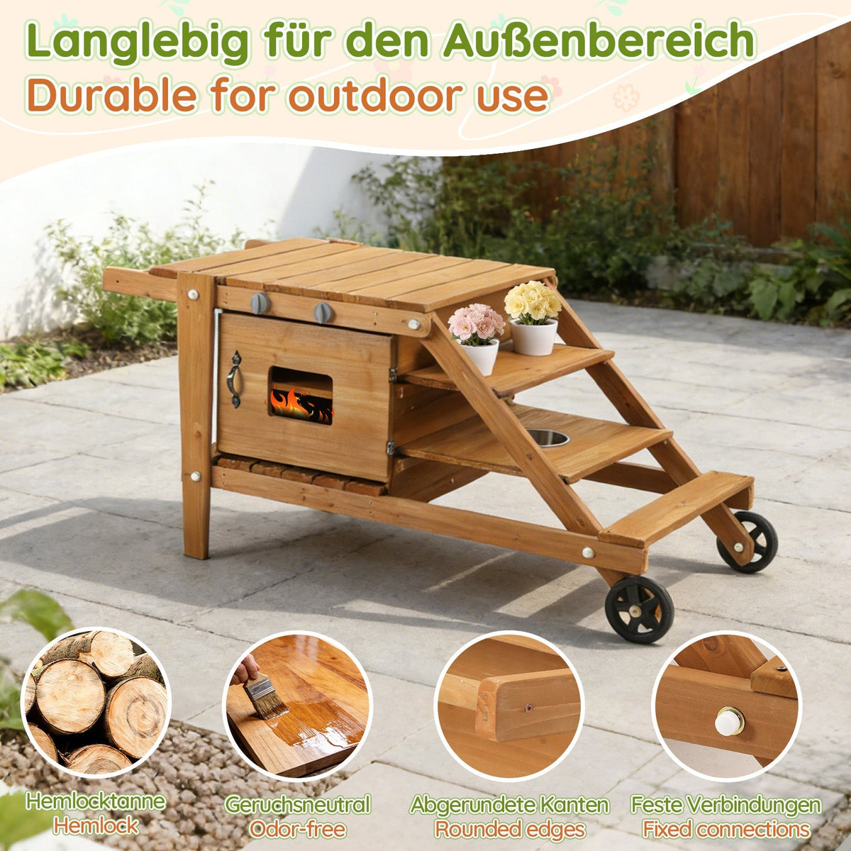 Outdoor Mud Kitchen with Wheels and Accessories, Wooden Garden Play Set, Natural Wood