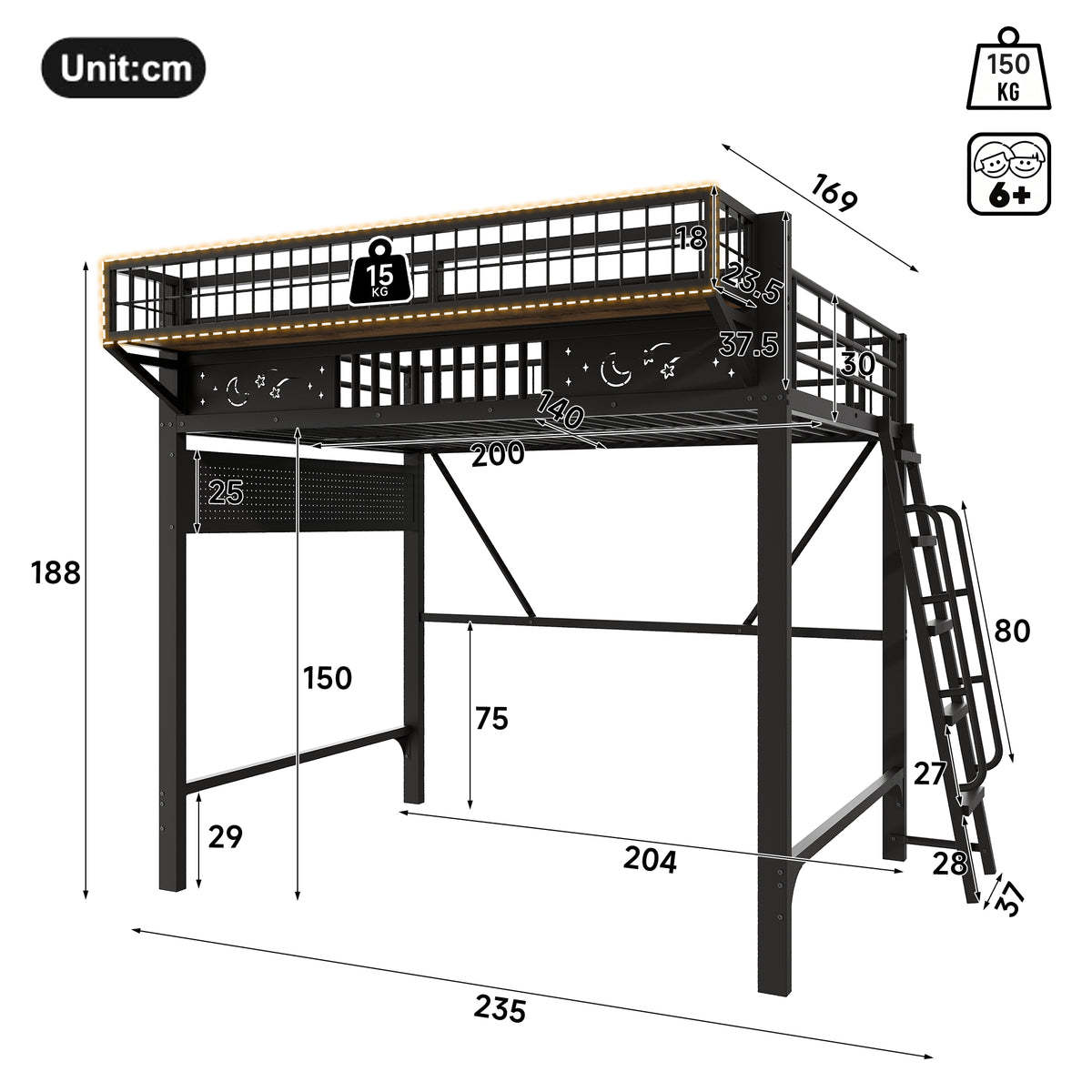 Loft Bed 140x200 cm with Storage Compartments, Black Metal