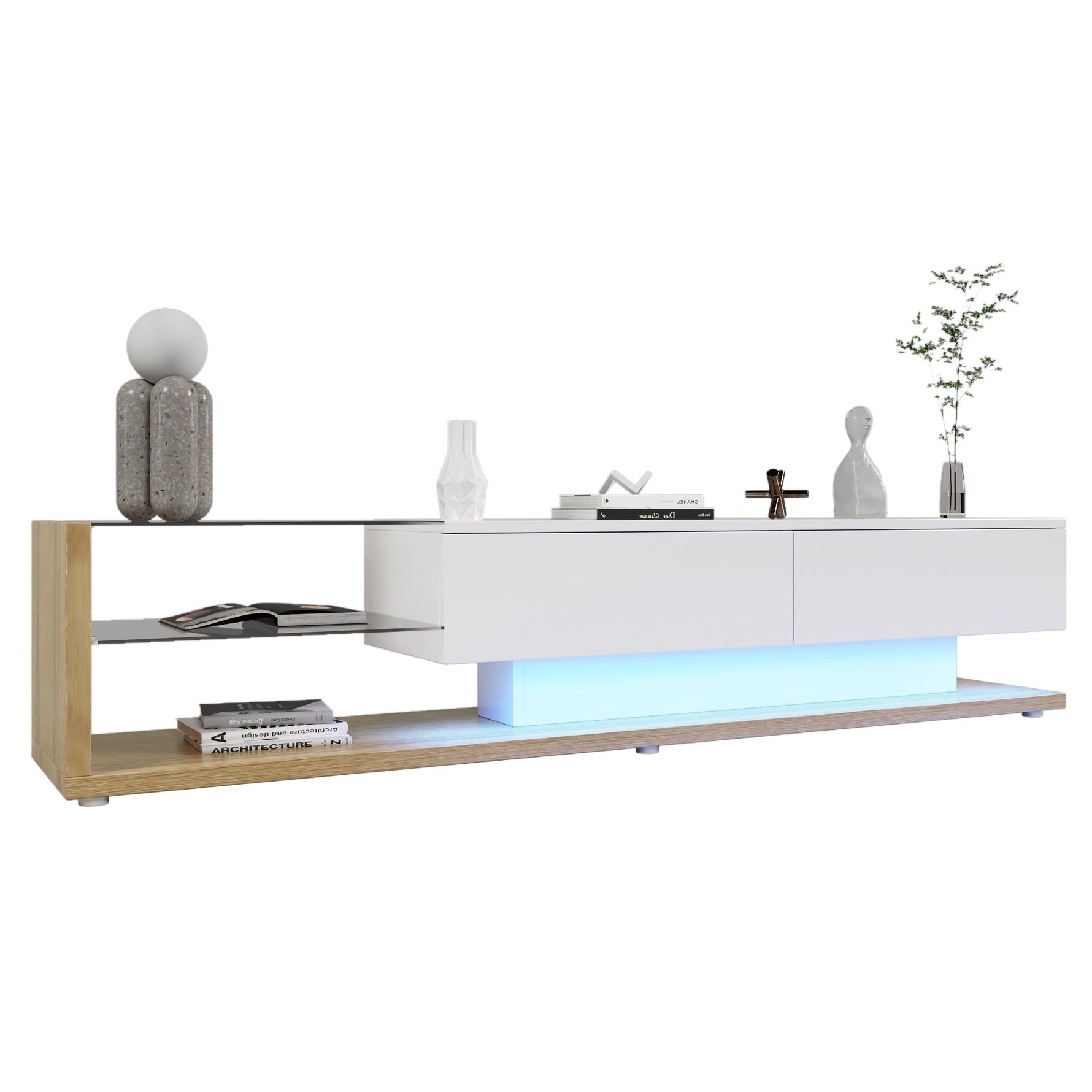 TV Cabinet Lowboard, LED Lighting Glass Partition, High-Gloss White and Wood