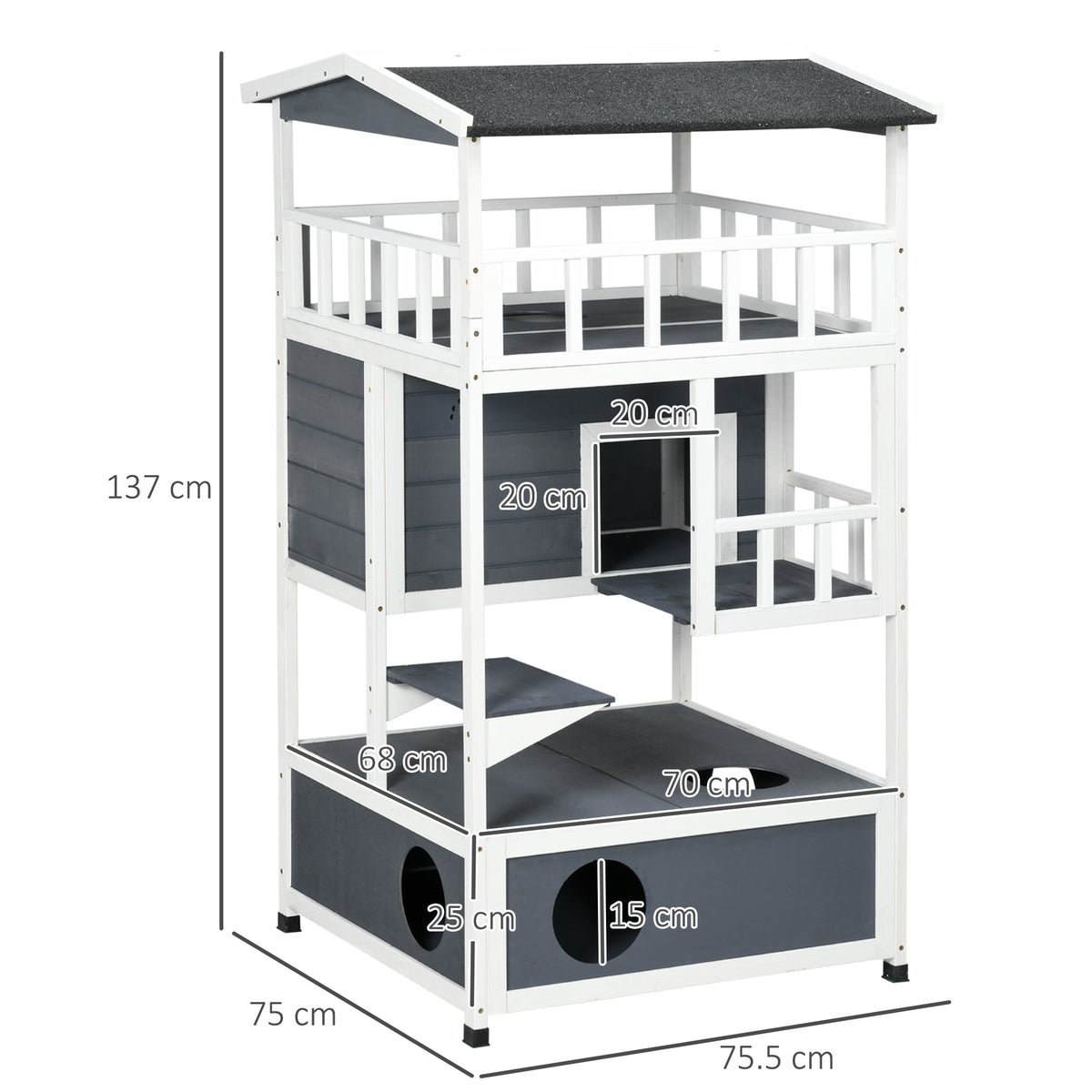 Cat House, 4-Story Balcony Stairs, Solid Wood, Gray