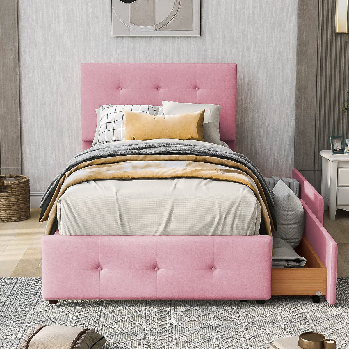 Upholstered Bed 90x200cm, Slatted Frame, Backrest & 2 Drawers, Pink Velvet