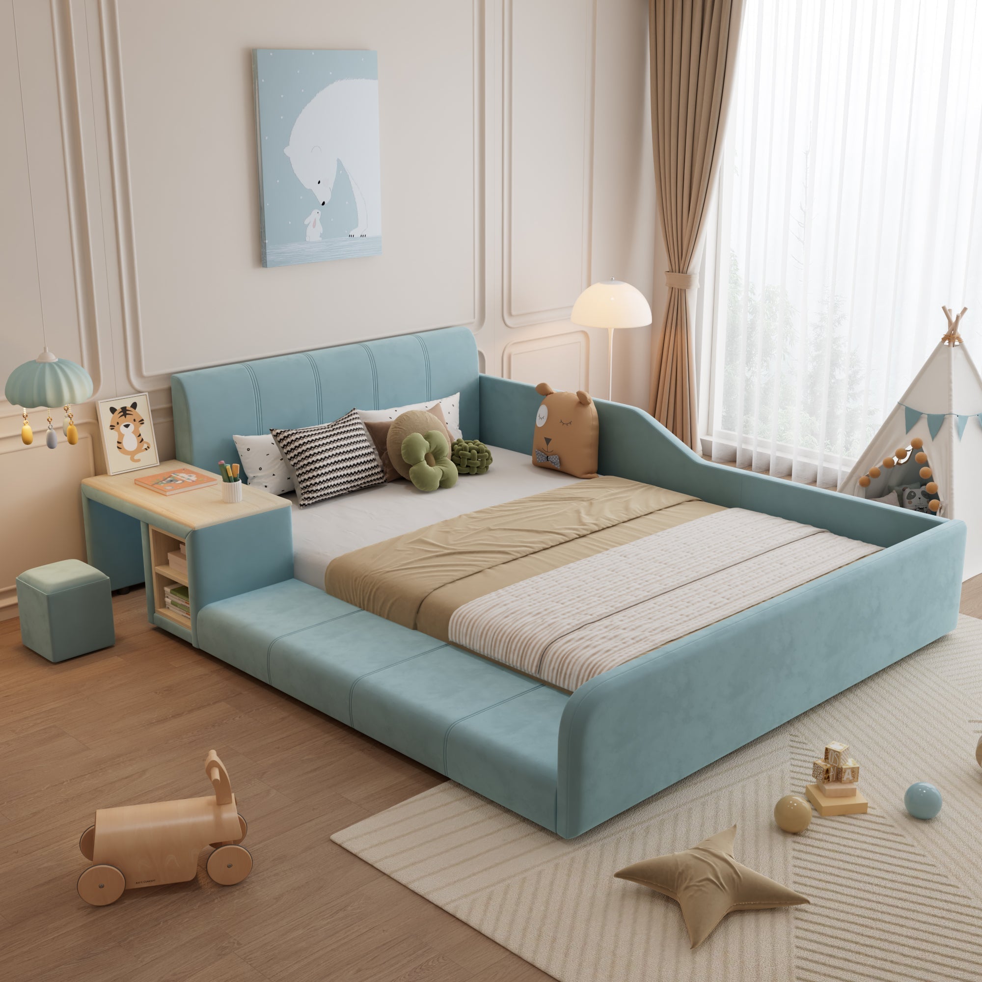 Upholstered Single Bed with Desk, Stool, Storage Shelf, Soft Headboard, 140x200cm, Velvet Blue