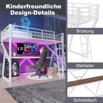 Loft Bed 90x200cm with Desk, LED & Stairs, White Iron Frame