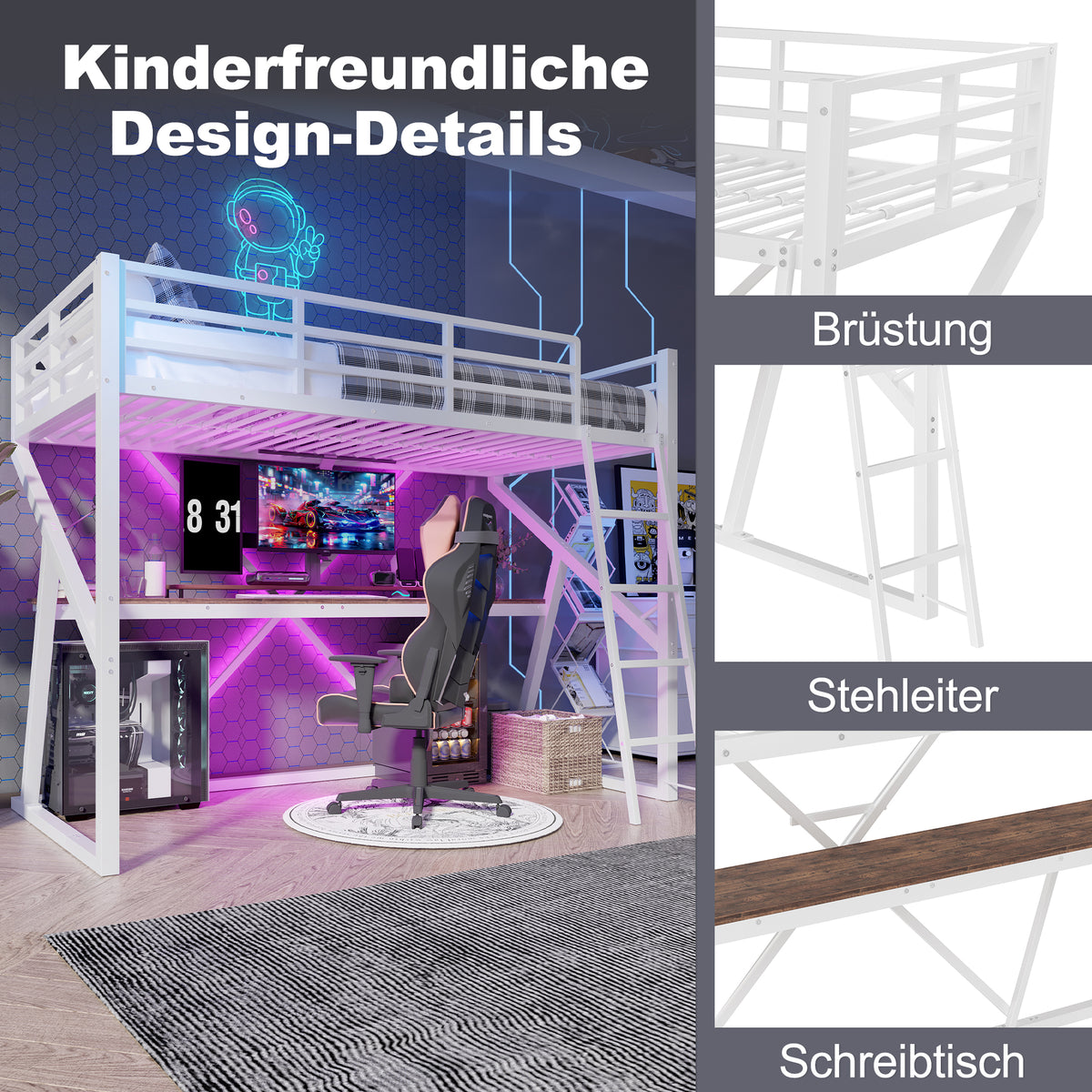 Loft Bed 90x200cm with Desk, LED & Stairs, White Iron Frame