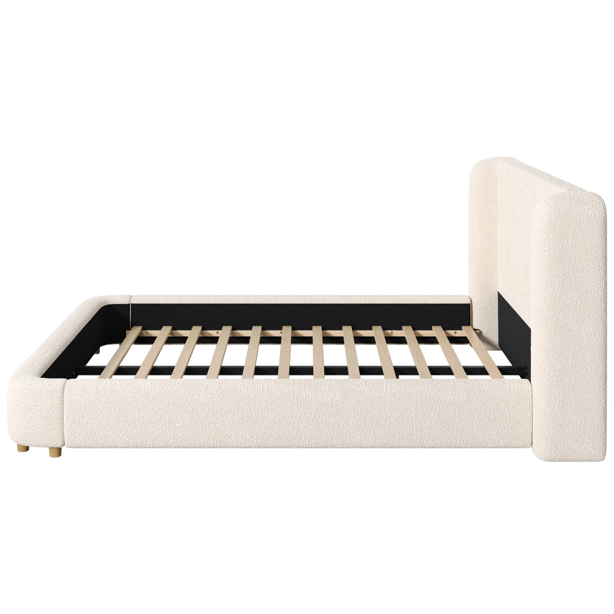 Upholstered Double Bed 180x200 cm with Slatted Base, Beige Bouclé