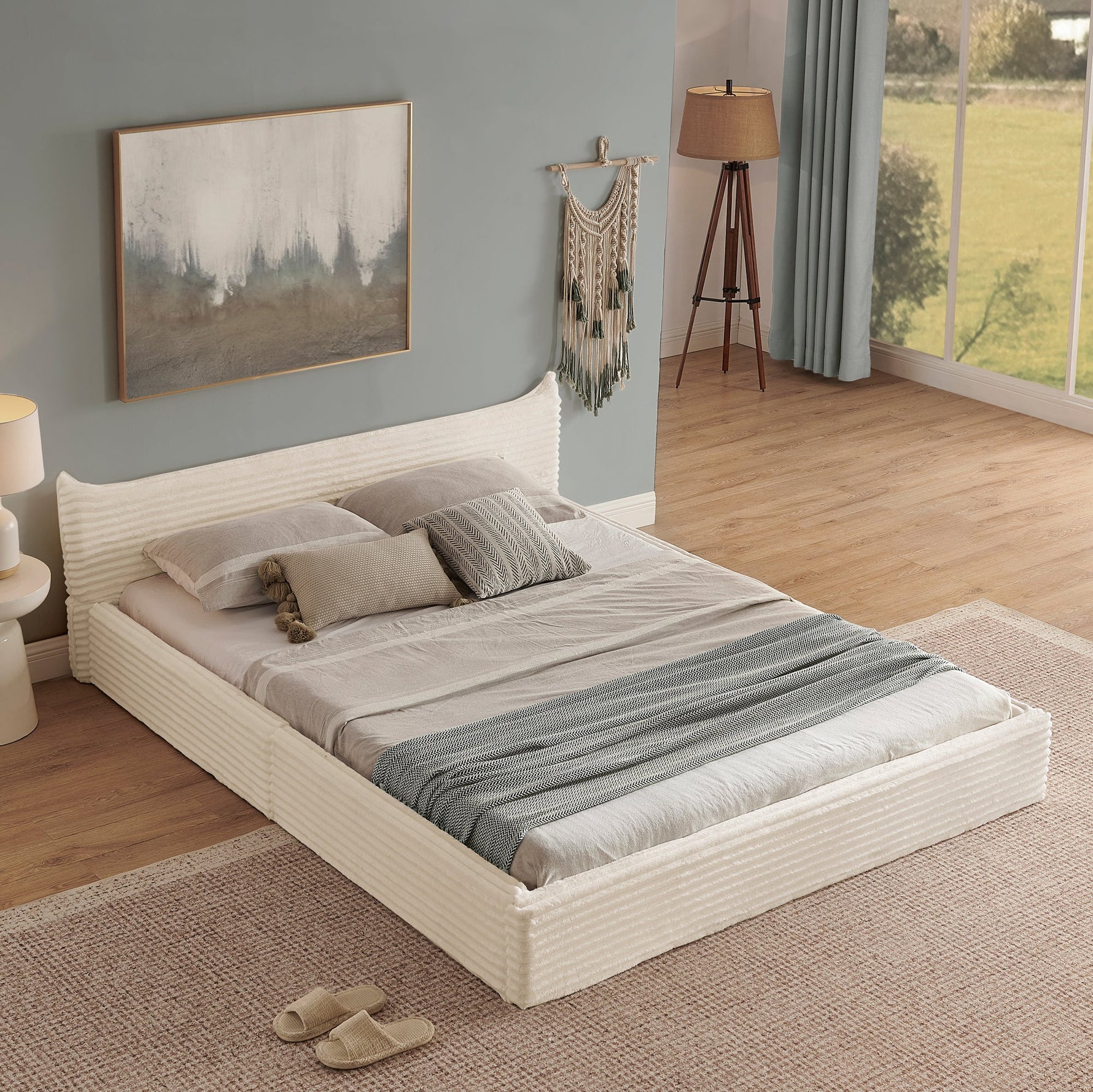 Double Bed 140x200cm, Corduroy Cover, Eucalyptus Wood Frame, Beige