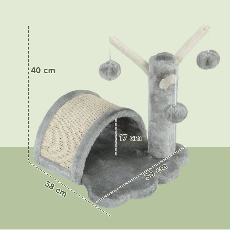 Cat Tree, Small Tower with Cave, 2 Play Balls, Scratching Mat, Light Grey