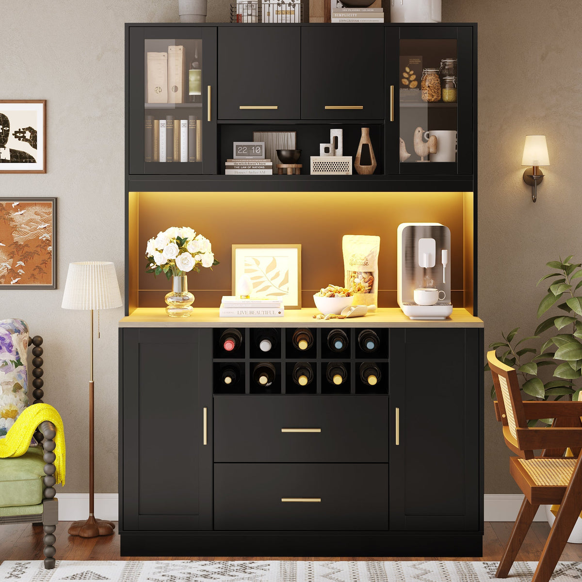 Sideboard with LED Lighting and Power Socket, 6 Doors and 2 Drawers, Black and Gold