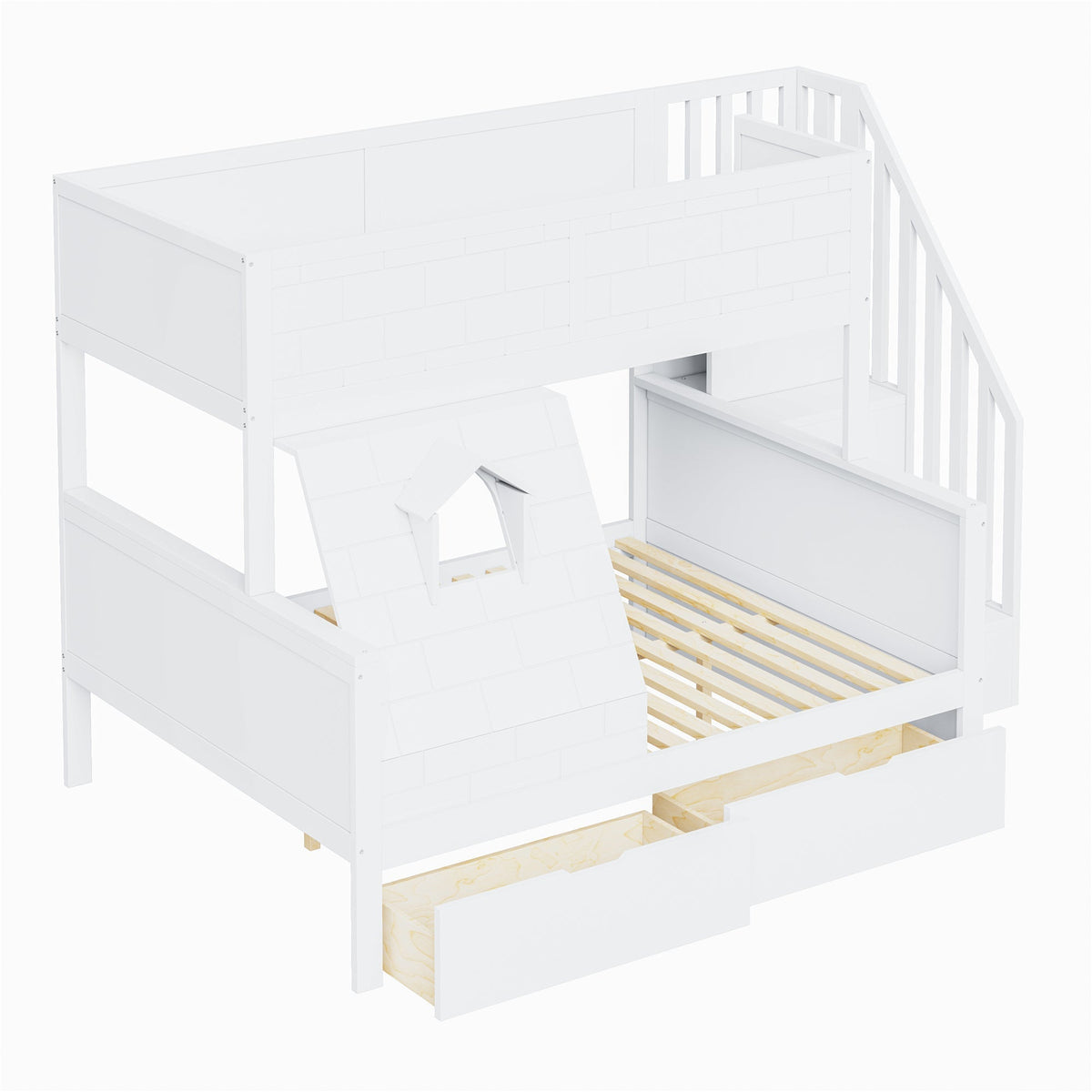 Bunk Bed with Safety Ladder, Drawers and Window, 90x200cm and 140x200cm, Solid Wood