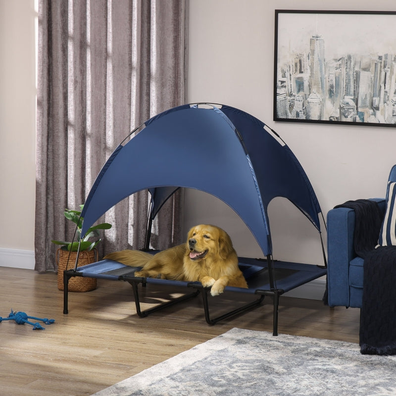 PawHut Outdoor Dog Bed with Canopy, Foldable, blue + black