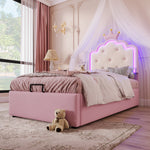 Upholstered Bed 90x200cm Princess Hydraulic Storage Ambient LED Lighting Pink PU