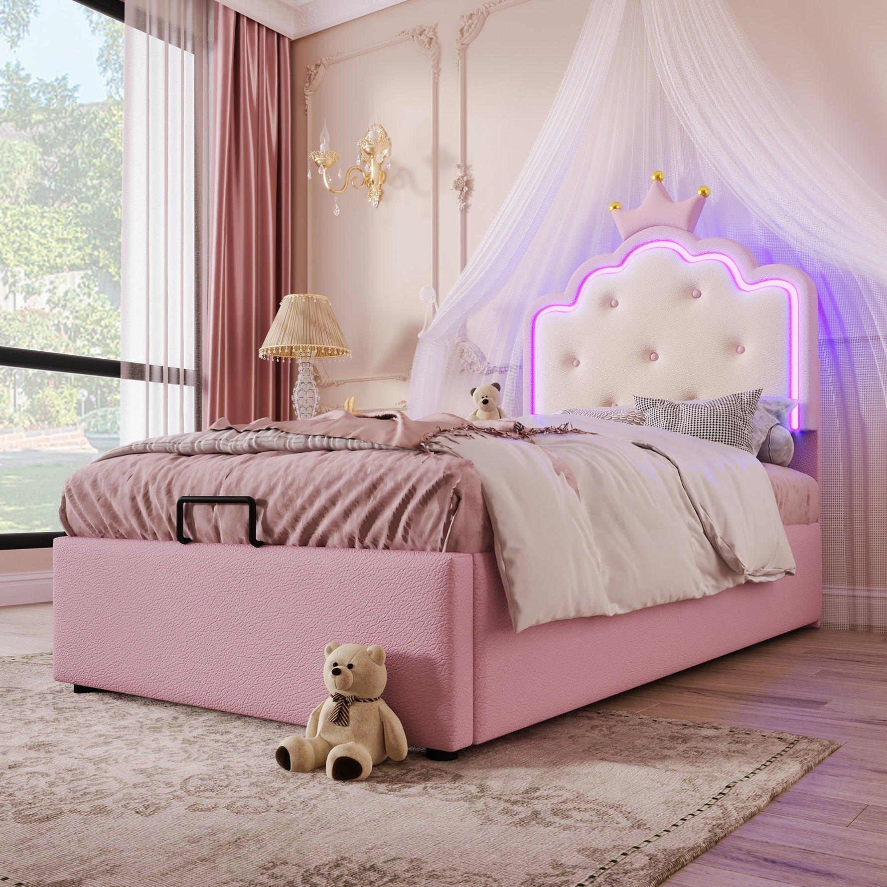 Upholstered Bed 90x200cm Princess Hydraulic Storage Ambient LED Lighting Pink PU