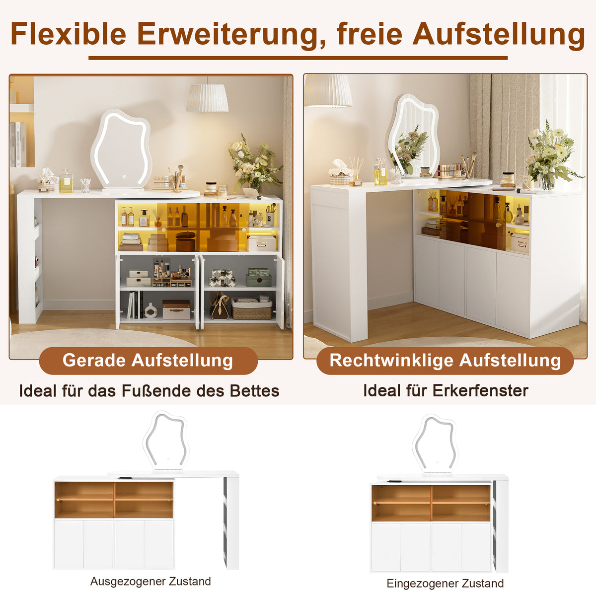 Rotating Vanity Table with LED Lighting & Storage, White