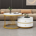 Coffee Table Set Nesting 2-Piece Round Marble Look, 2 Drawers, White