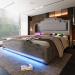 Upholstered Bed 180x200, Double Bed with 4 Drawers, LED and USB-C, Grey Velvet