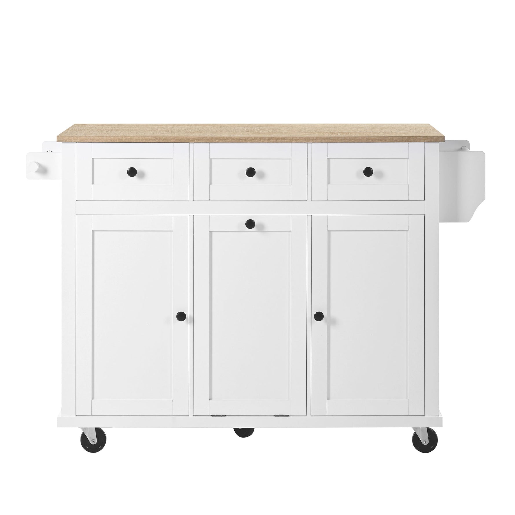 Mobile Kitchen Island Extendable Dining Area with Waste Bin & Drawers, White