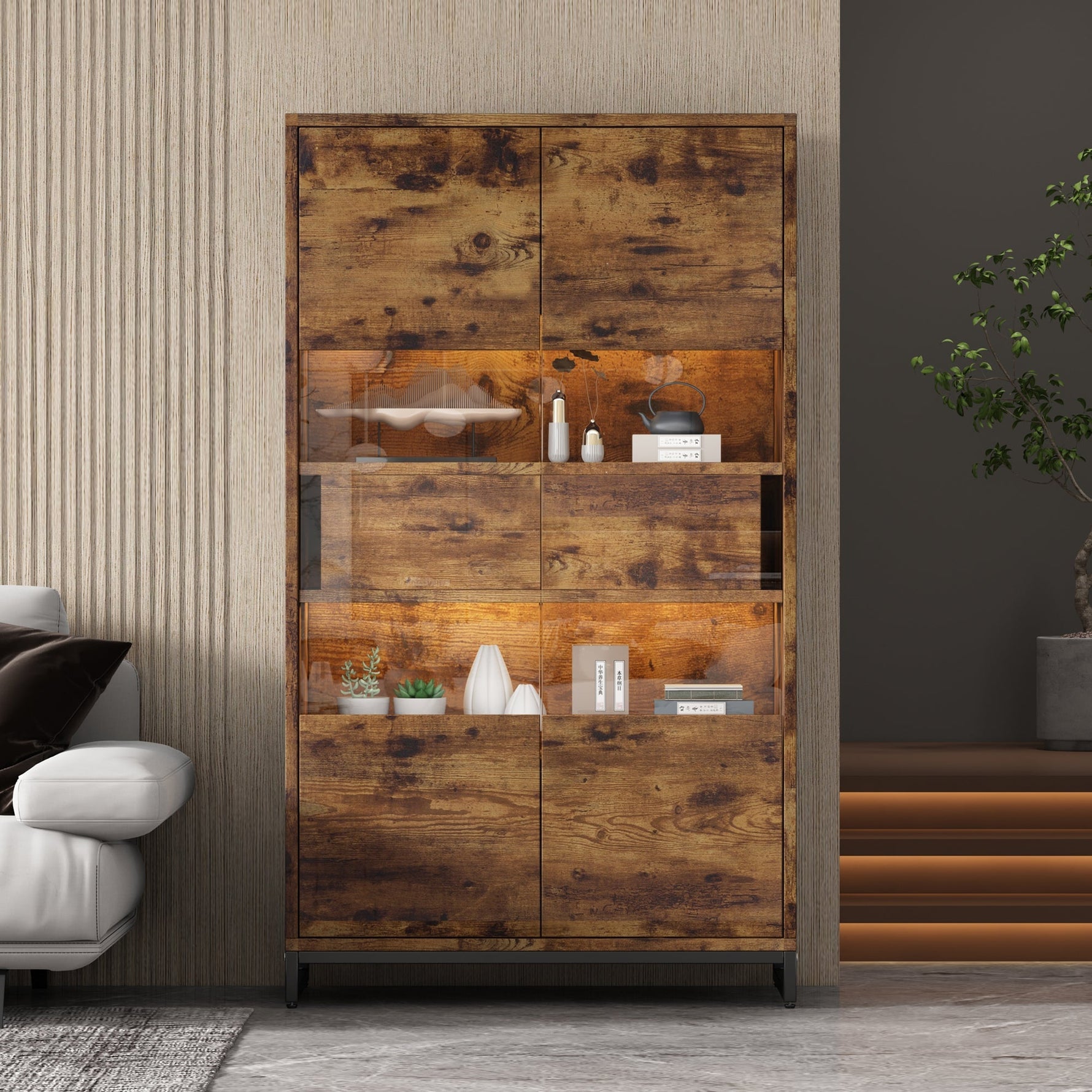Display Cabinet LED Lighting Storage 2 Drawers Highboard, Black + Wood Grain