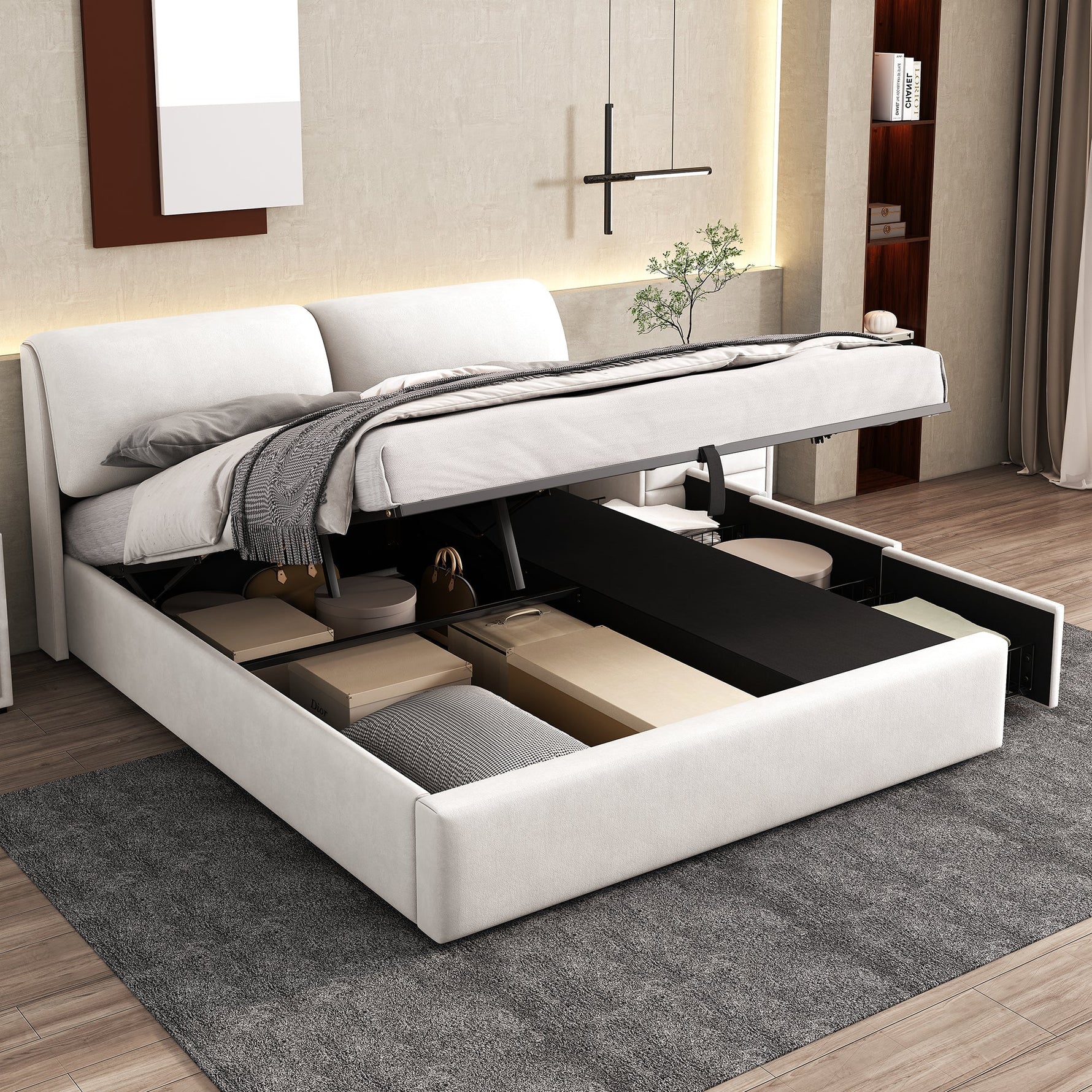 Upholstered Bed 180x200cm Hydraulic Storage 3 Drawers - Velvet Beige