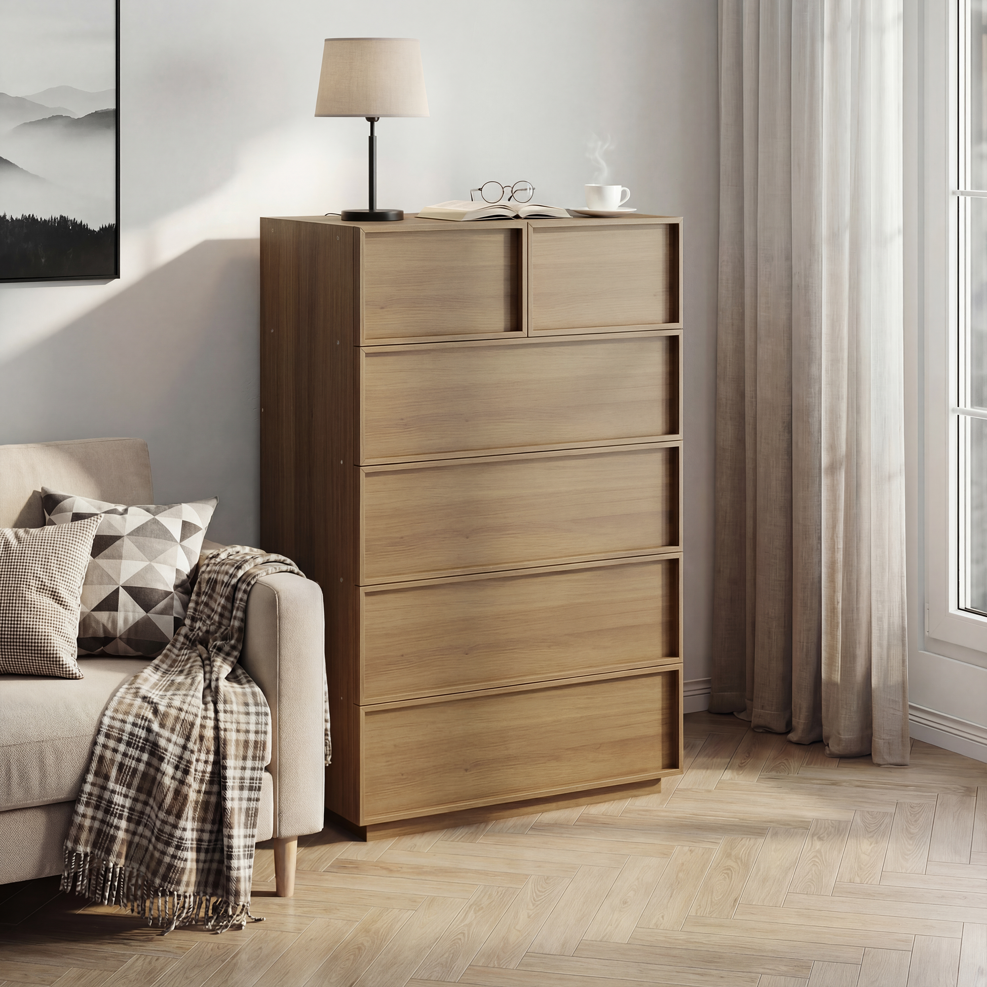 Chest of Drawers with 6 Drawers and Dressing Table, 80x48x127cm, Oak Color Wood