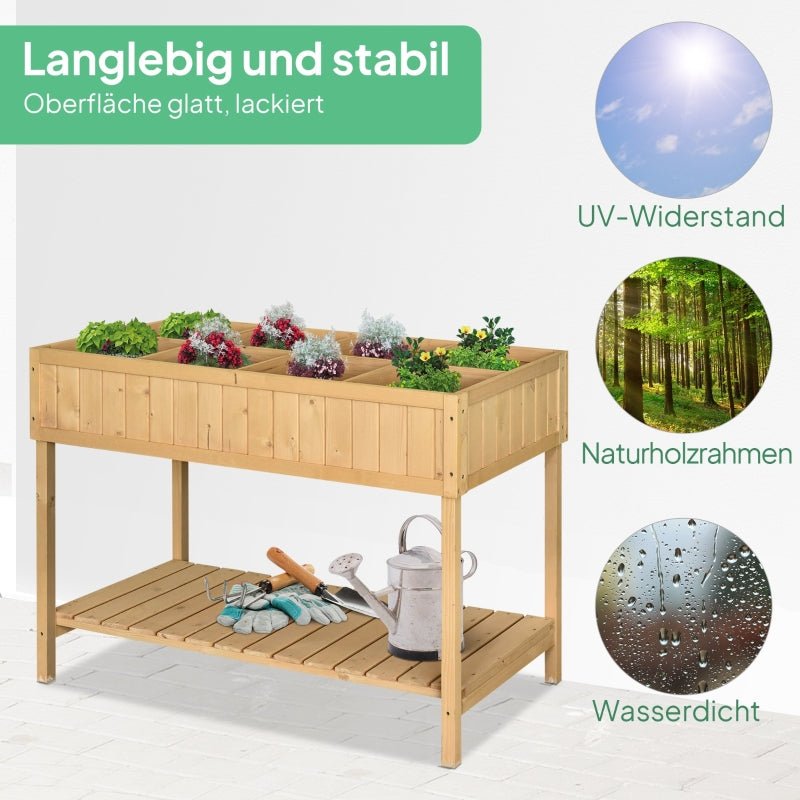 Planting Table Raised Bed, 8 Compartments with Drainage, Fir Solid Wood