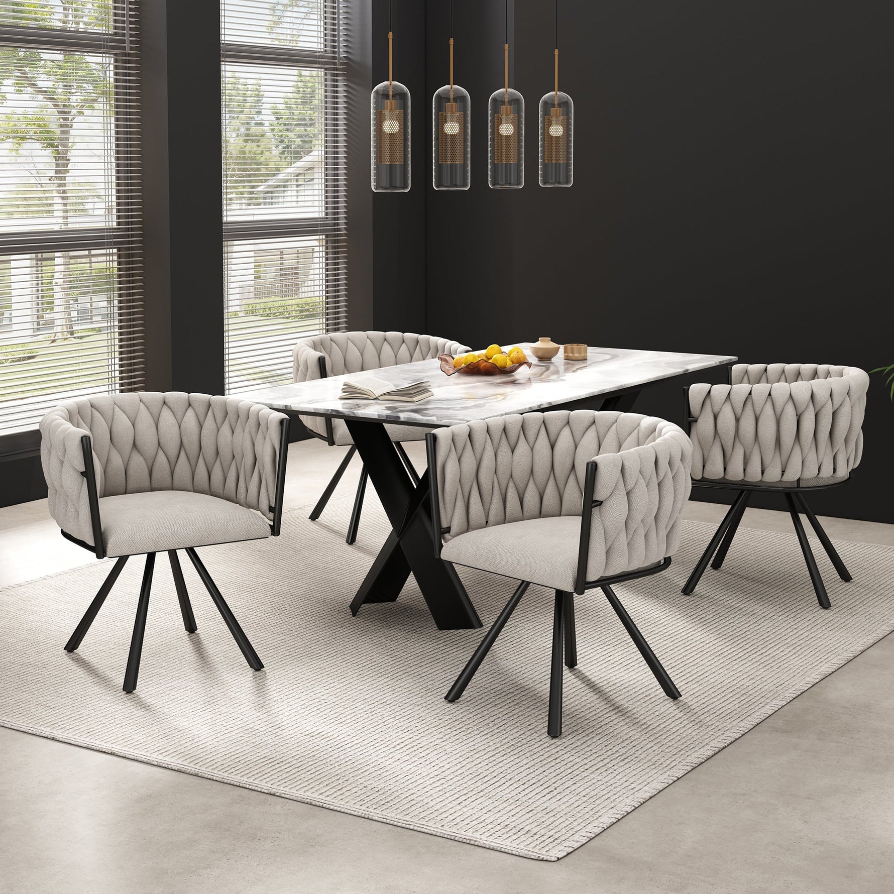 Linen Dining Swivel Chairs, Set of 6, Leisure Armchair with Metal Legs, Beige and Black Linen