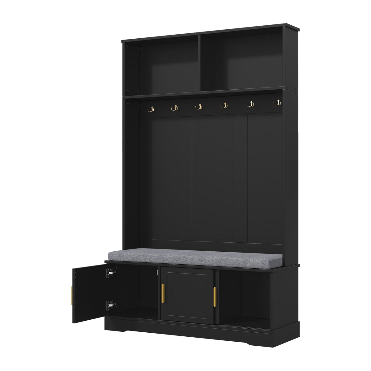 Coat rack with shoe bench wardrobe, 6 triple hooks, freestanding, space-saving, black