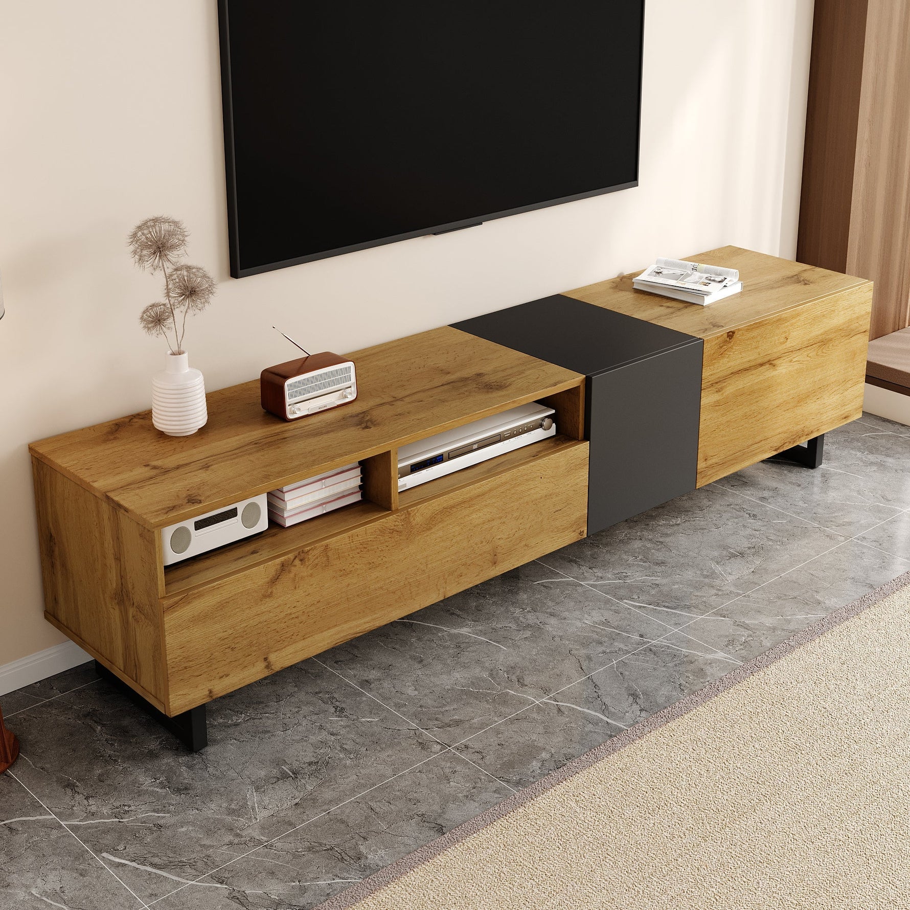 Colorblock TV Cabinet, 3 Doors 2 Compartments U-shaped Metal Legs, Retro Wood Grain