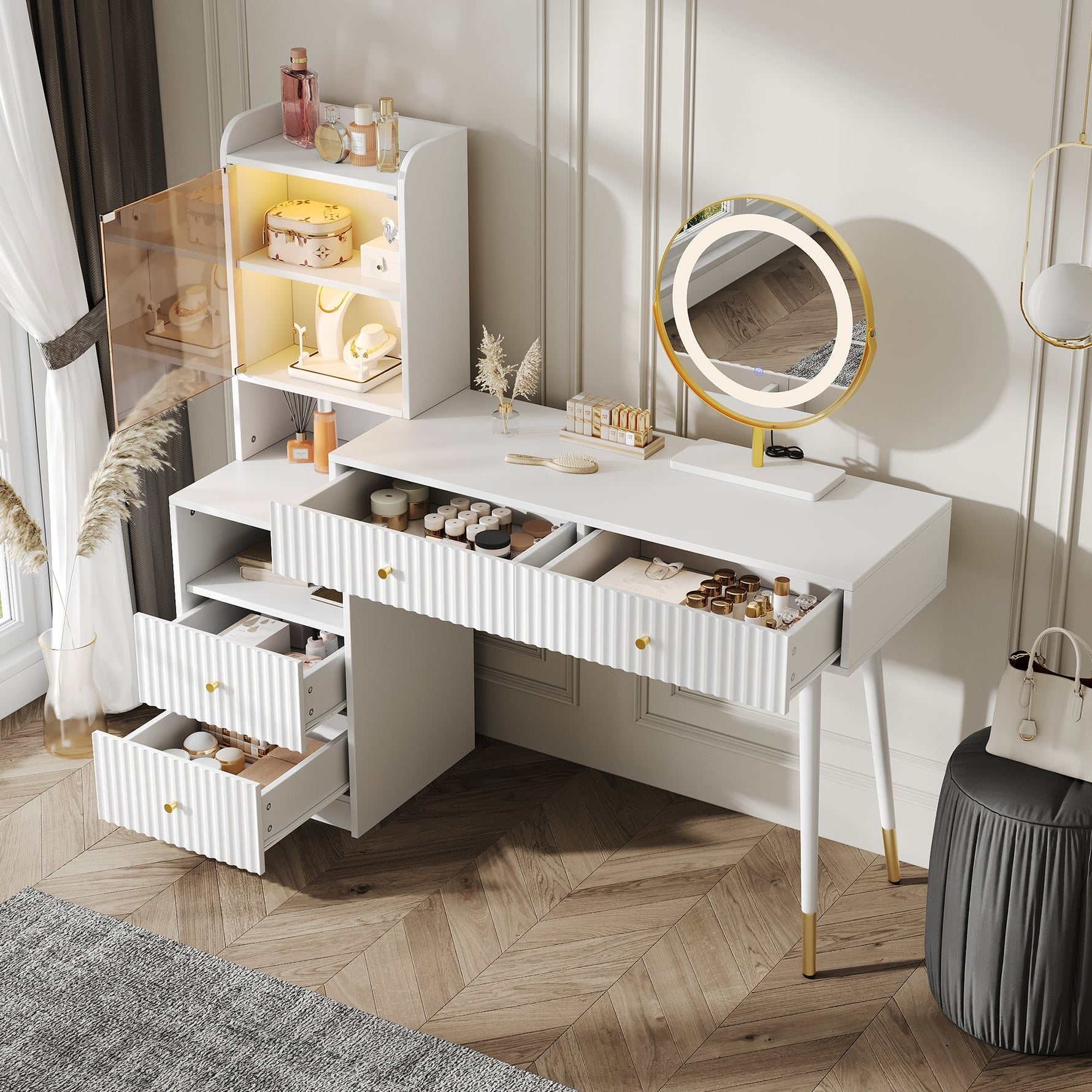 Dressing Table Set Tri-Color LED Mirror 4 Drawers Illuminated Cabinet White