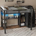 Metal Loft Bed with Desk, Shelf, Wardrobe and Storage Stairs, 140x200cm, Black Metal