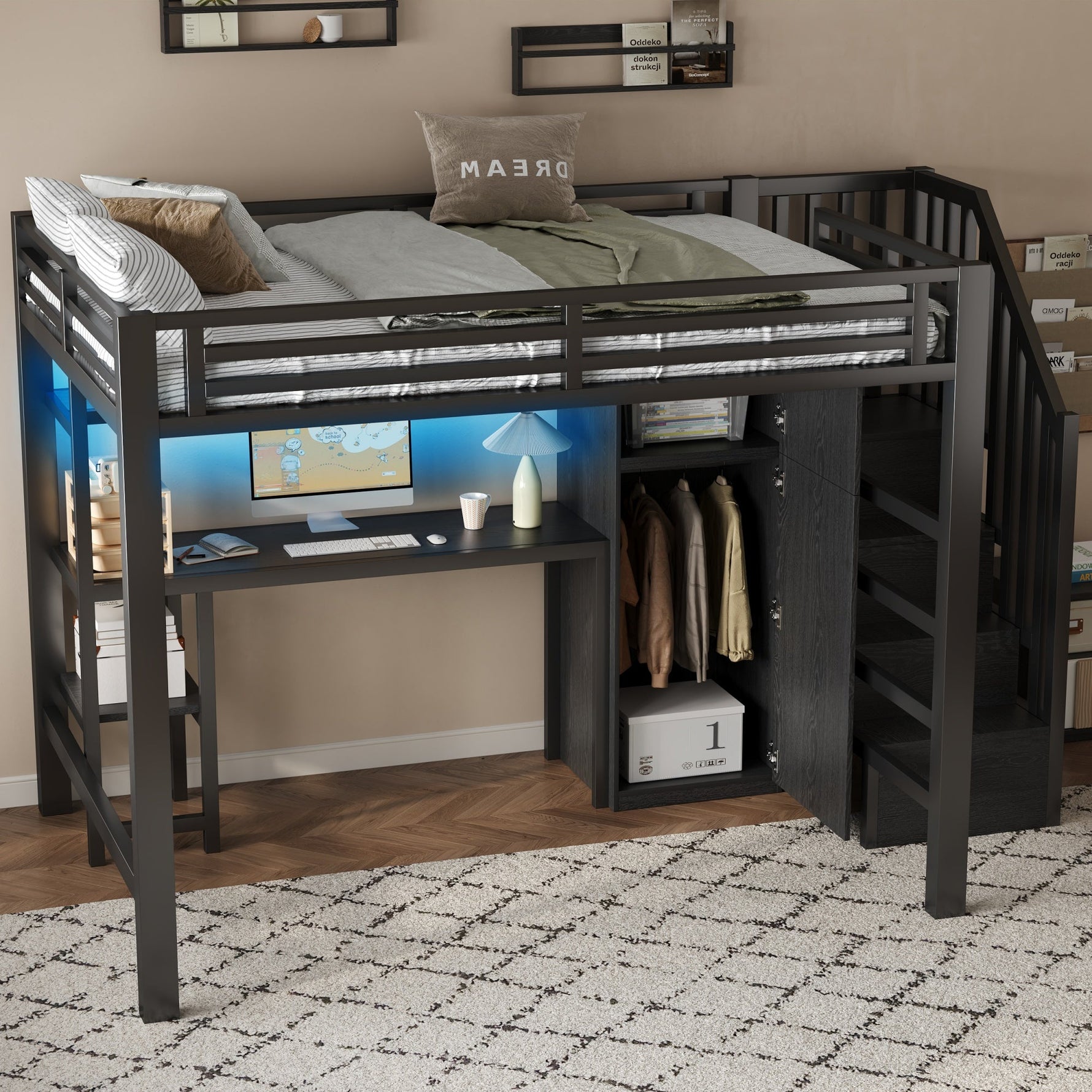 Metal Loft Bed with Desk, Shelf, Wardrobe and Storage Stairs, 140x200cm, Black Metal