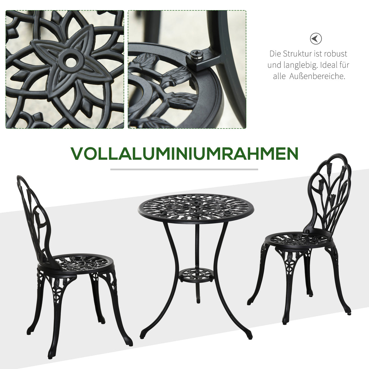 2-Person Outdoor Seating Set with Table & Chairs, Black Aluminum