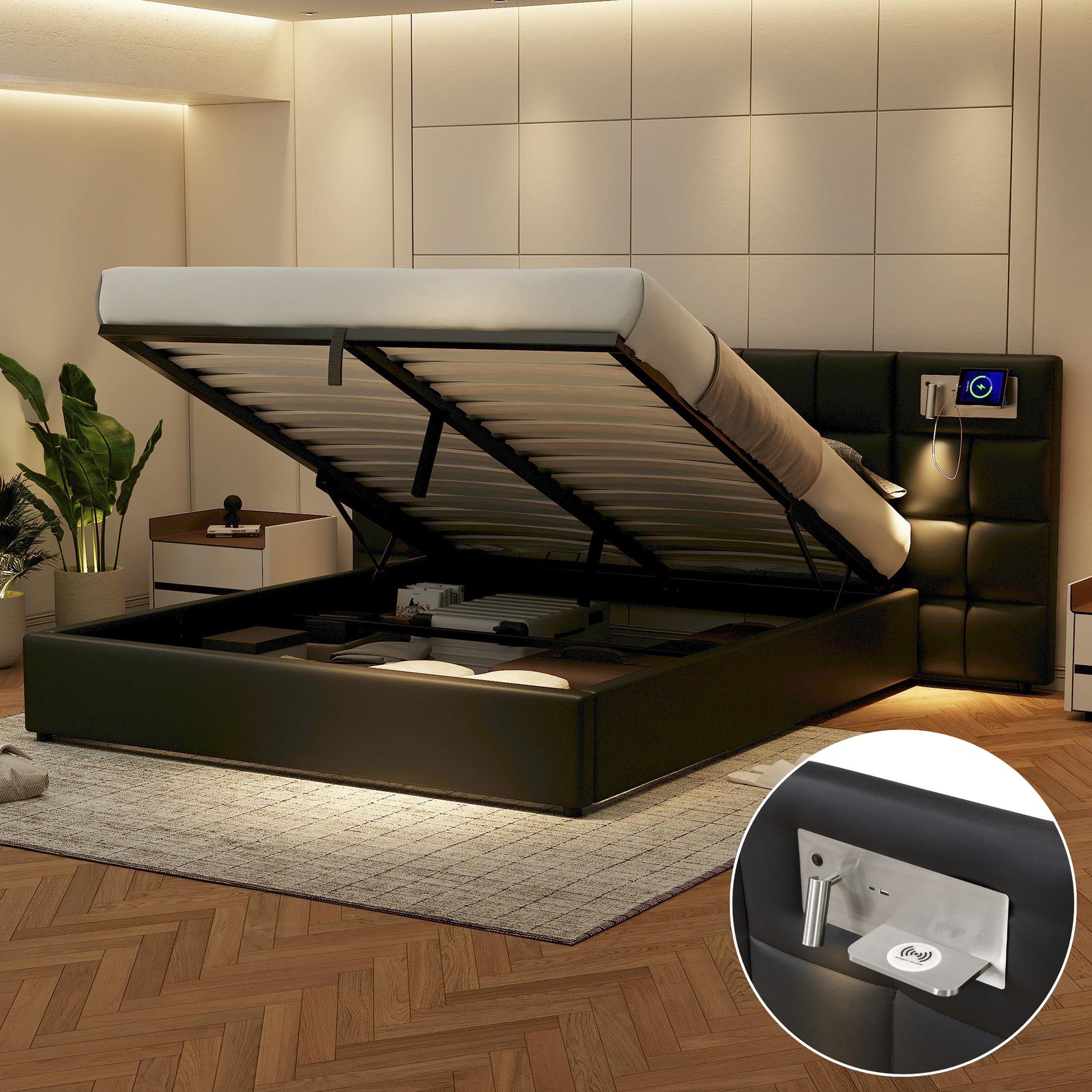 Upholstered Bed 180x200cm Hydraulic Storage USB/Wireless Charging LED Lamp - PU Black