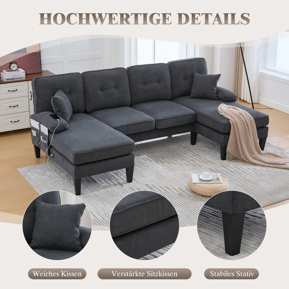 U-shaped Sofa, Large 4-Seater Two Chaise Lounges Modern, Dark Grey Linen Fabric