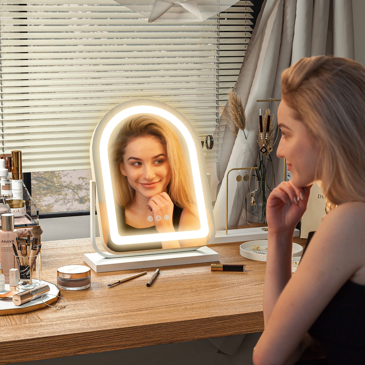 Cosmetic Mirror, LED Light 3 Colors 360° Rotatable, White Metal Frame