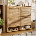 Shoe Cabinet Modern 4 Door Wooden Slat Metal Frame - 108.5x24x100cm