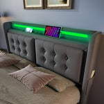 Upholstered Bed 140x200 Double LED Headboard USB C Hydraulic Storage, Grey Cotton