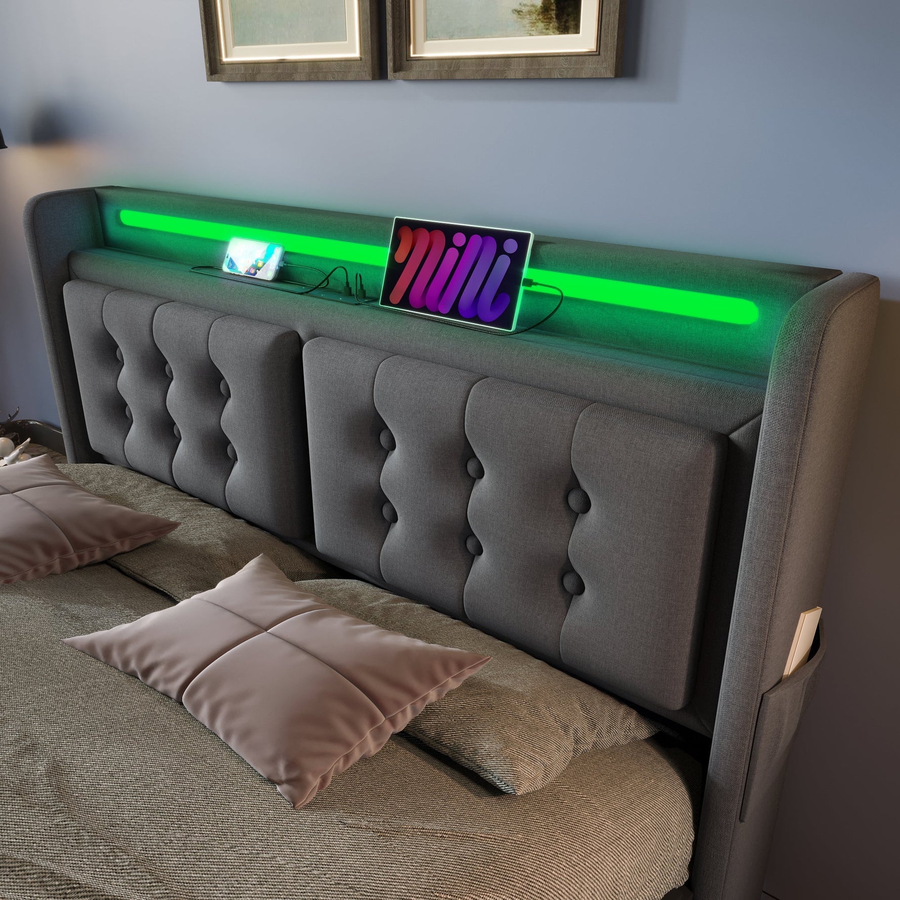 Upholstered Bed 140x200 Double LED Headboard USB C Hydraulic Storage, Grey Cotton