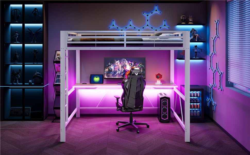 Gaming Metal Loft Bed Frame with LED Lighting, USB Charging Station and Desk, White