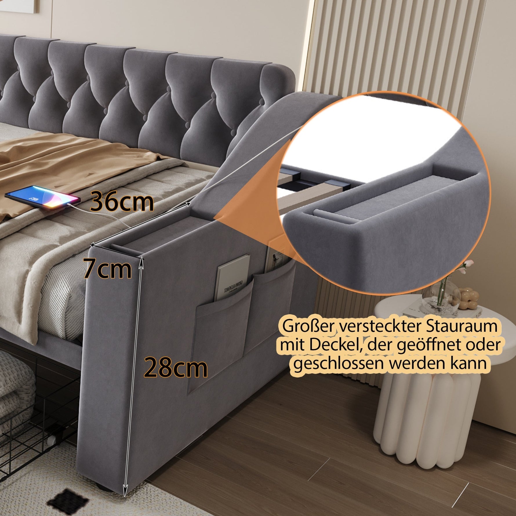 Upholstered Sofa Bed with USB Port and Storage Drawers, Dark Grey Velvet